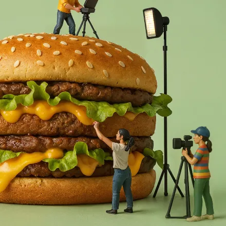 Miniature people photographing and adjusting a giant cheeseburger with studio lights.