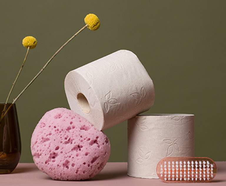 Composition of a pink sponge, tolier paper rolls and a brush